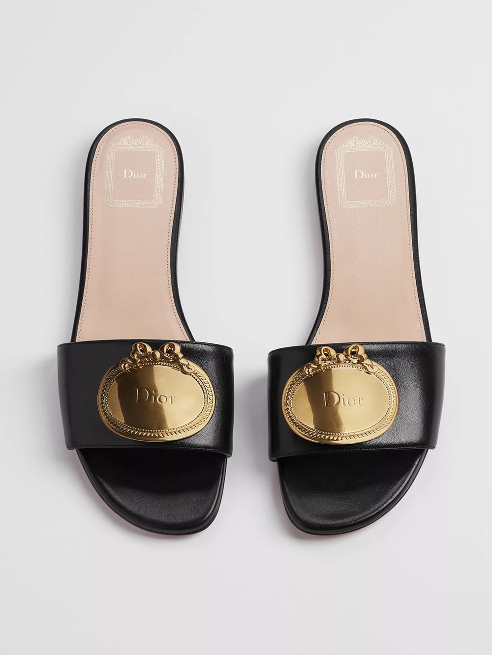 Dior Black Leather Slide Sandals with Gold Emblem